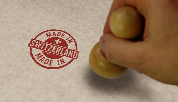 Gemaakt Zwitserland Stempel Stempelen Hand Fabriek Fabricage Productie Land Concept — Stockfoto