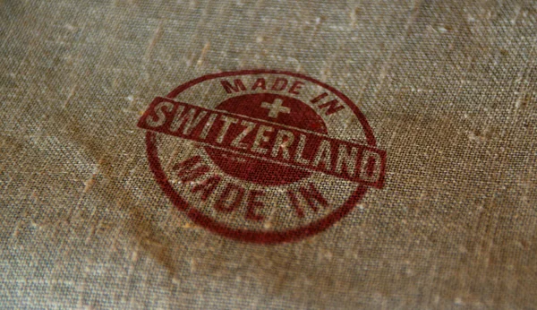 Wykonane Szwajcarii Stempel Wydrukowany Worku Płóciennym Koncepcja Kraju Fabrycznego Produkcyjnego — Zdjęcie stockowe