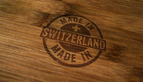 Feito Suíça Selo Impresso Caixa Madeira Conceito País Fábrica Fabricação — Fotografia de Stock