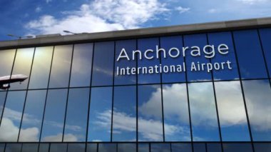 Anchorage, Alaska, USA 3D 'ye jet uçağı iniyor. Cam havaalanı terminali ve uçağın yansıması ile şehre varış. Seyahat, turizm ve ulaşım kavramı.