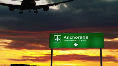 Anchorage, Alaska, ABD 'ye uçak silueti iniyor. Havaalanı yön tabelasıyla ve arka planda gün batımıyla şehre vardık. Trip ve ulaşım konsepti 3D animasyon.