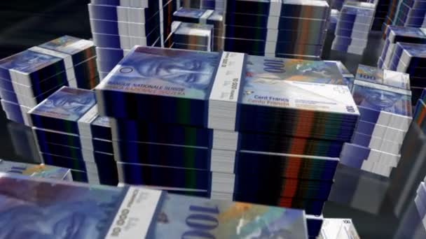 瑞士法郎钱袋循环 商业保护 经济危机 金融的背景概念 3D在Chf钞票上的飞行使堆栈塔楼变得易碎无缝动画 — 图库视频影像