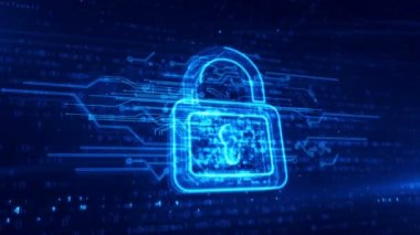 Asma kilit sembollü siber güvenlik kavramı, bilgisayar koruması ve sistem güvenlik simgesi. Soyut döngü ve pürüzsüz 3d canlandırma canlandırması.