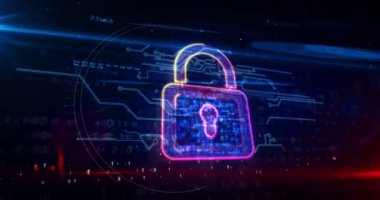 Asma kilit sembollü siber güvenlik kavramı, bilgisayar koruması ve sistem güvenlik ikonu döngüsü. Gelecekçi soyut 3d biçimlendirilebilir döngü ve kusursuz animasyon.