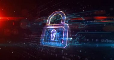 Asma kilit sembollü siber güvenlik kavramı, bilgisayar koruması ve sistem güvenlik ikonu döngü animasyonu. Fütürist soyut 3D canlandırma.