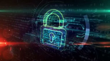 Asma kilit sembollü siber güvenlik kavramı, bilgisayar koruması ve sistem güvenlik ikonu döngüsü. Gelecekçi soyut 3D canlandırma canlandırması.