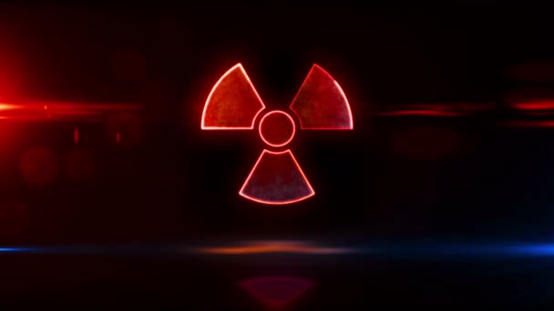 原子力警告記号 放射性危険ネオンサインと原子力アイコンループの概念 未来的な抽象3Dレンダリングループ可能でシームレスなアニメーション — ストック動画