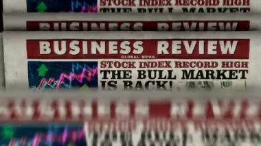 Boğa piyasası geri döndü ve iş büyümeye başladı. Başarı, durgunluğun sonu, hisse senedi endeksi yüksek son dakika haberleri. Gazete baskısı. Klasik basın üretim konsepti. Retro 3d canlandırma canlandırması.