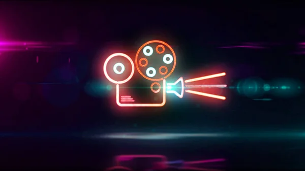 Mozi Projektor Szimbólum Retro Videó Vagy Film Kamera Neon Jel — Stock Fotó
