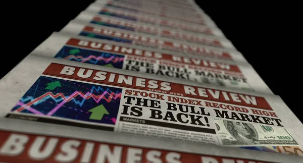 The bull market back. Business growth up, success, end of recession, stock index high breaking news. Daily newspaper print. Vintage paper press abstract concept. Retro 3d rendering illustration.