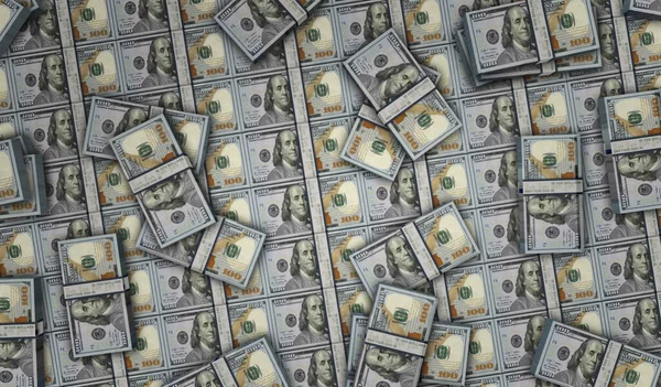 美元钱袋3D插图 100美元的钞票捆 经济危机 商业成功 税收和债务概念 — 图库照片