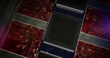 Dolar para iş sembolü, ekonomi ve finans kavramı. Fütüristik 3D, dikişsiz, soyut animasyon çizimi. İşlemci fabrikası yanıyor..