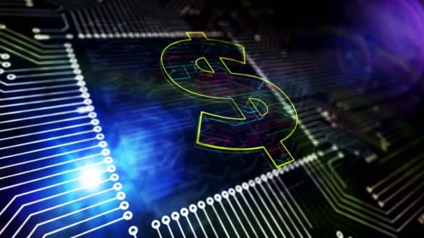 美元货币业务的标志 经济和金融概念 虚拟起重机上的摄像头大约在计算机内部的3D图标上 无缝易碎动画 — 图库视频影像