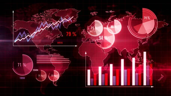 Charts and graph on world map on red background. Abstract concept of economy, statistics, analyzing, crisis, global business and finance. Elements illustration.