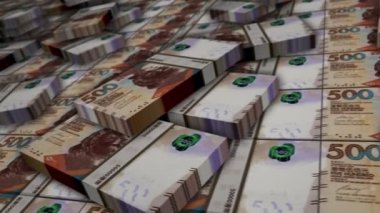 Hong Kong Doları banknot döngüsü. 500 HKD para yığını. Kriz, bankacılık, iş, başarı, ekonomi, banka, borç ve finans kavramı. Para paketlerinin üzerinde kamera var. Döngüsüz 3D canlandırma.