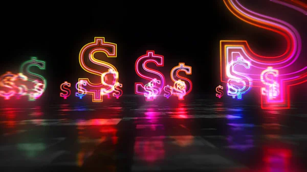 Dollar money symbol, money neon icon, cash sign loop concept. Futuristic abstract 3d rendering illustration.
