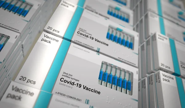 Covid-19 vaccine pack production line. Coronavirus sars-cov-2 vaccination preparation, packing and shipping. A box for syringes with doses. Abstract concept 3d rendering illustration.