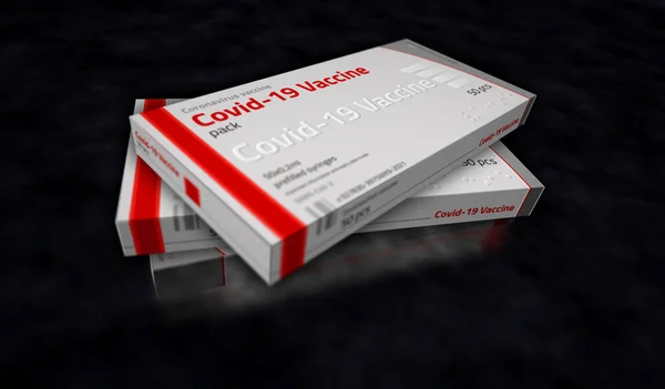 Covid-19 vaccine pack production. Coronavirus sars-cov-2 vaccination, delivery and supply. Covid medicine doses box. Abstract concept 3d rendering illustration.