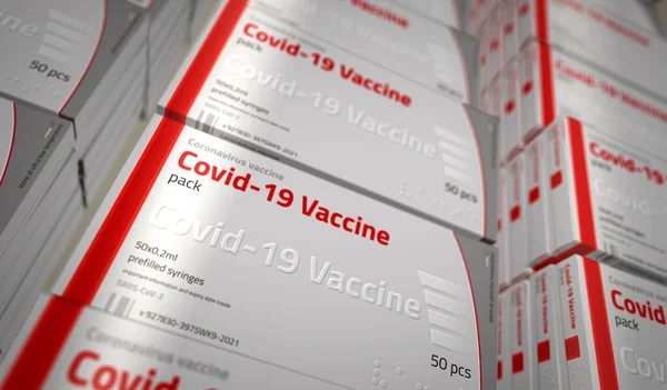 Covid-19 vaccine pack production line. Coronavirus sars-cov-2 vaccination manufacture, delivery and supply. Covid medicine doses box. Abstract concept 3d rendering illustration.