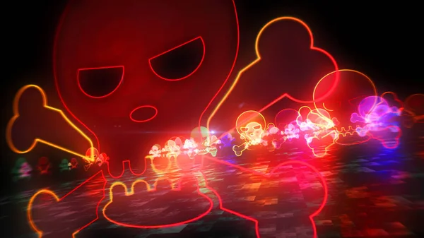 Totenkopf-Symbol, Piraterie, Hacking Computer, Cybercrime-Technologie, Darknet und Gift-Icon-Konzept. Flucht zwischen Lichtzeichen. Futuristische räumliche abstrakte 3D-Darstellung. — Stockbild Totenkopf Symbol Piraterie Hacking Computer Cybercrime Technologie Darknet Und Gift — Stockfoto