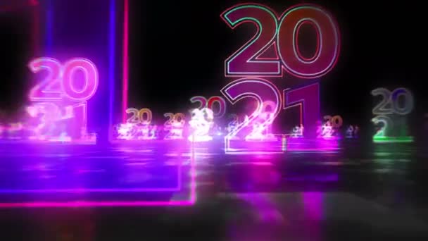 2021 Год Футуристического Светящегося Неона Новая Концепция Цикла Кибердизайна Абстрактная — стоковое видео