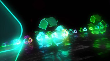 Geri dönüşüm sembolü, ekoloji, yeniden kullanım ikonu, yeşil teknoloji ve temiz sanayi. Fütürist soyut kavram 3D resimleme.