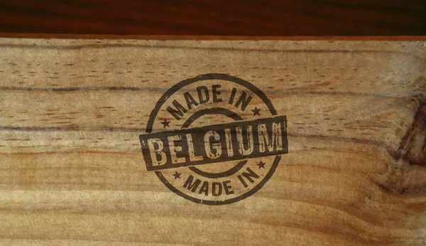 Feito Bélgica Selo Impresso Caixa Madeira Conceito País Fábrica Fabricação — Fotografia de Stock