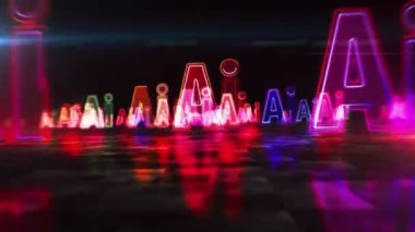 Yapay zeka, sibernetik beyin ve yapay zeka sembollü makine eğitimi. Gelecekçi soyut 3D canlandırma animasyonu. Dijital hiperuzay uçuşu.