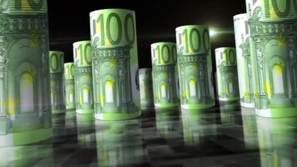 Euro Rolls Bucle Animación Dinero Sobre Mesa Cámara Entre Billetes — Vídeos de Stock