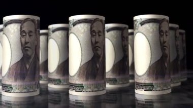 Japon Yen para ruloları 3D döngü animasyonu. Kusursuz ekonomi, kriz, finans, iş başarısı, durgunluk, vergi ve Japonya 'da borç kavramı. Kamera JPY banknotları üzerinde hareket ediyor.
