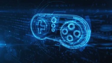 Esport oyun bloklama sembolü, video denetleyici, 5G oyunu ve siber spor. Soyut kavram 3D canlandırma animasyonu. Fütürist dijital arkaplan.