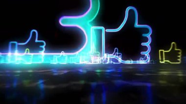 El işareti gibi, tamam, onay, başparmak ve başarı ışığı ikonu konsepti. Neon işaretleri arasında uçmak. Geleceksel alan soyut 3D canlandırma canlandırması.