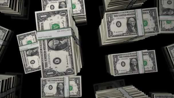 美元钱袋循环 3D脆弱无缝动画 经济和金融的背景概念 飞越美元现钞堆积如山 — 图库视频影像
