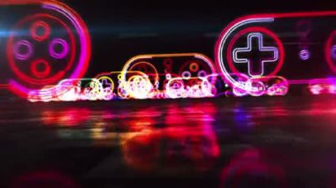 Oyun alanı sembolü, esport, video denetleyici, 5g oyunu ve siber spor ışığı dijital konsepti. İşaretler arasında uçmak. Geleceksel alan soyut 3D canlandırma canlandırması.