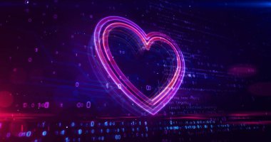 Kalp aşkı sembolü, sağlık, siber teknoloji romantizmi, ai ve kardiyo kavramı. Fütürist soyut 3D resimleme.