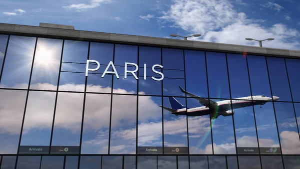 Paris 'e inen jet uçakları 3D çizimler yapıyor. Cam havaalanı terminali ve uçağın yansıması ile şehre varış. Seyahat, iş, turizm ve ulaşım kavramı.