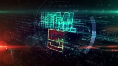 HTML5 sembolü, kodlama, geliştirme, kod, bilgisayar dili ve programlama teknolojisi döngüsü. Gelecekçi soyut kavram 3 boyutlu canlandırma.