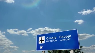Üsküp Kuzey Makedonya 'ya jet uçağı indi. Havaalanı istikameti işaretli şehir gelişi. Seyahat, iş, turizm ve ulaşım konsepti. 3B canlandırma canlandırması.