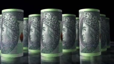 Polonyalı Zloty para ruloları 3D animasyon döngüsü. Kamera 100 PLN üzerinde hareket ediyor. Polonya 'da kusursuz döngüsüz ekonomi, kriz, finans, nakit, iş başarısı ve borç kavramı.
