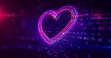 Kalp aşkı sembolü, sağlık, siber teknoloji romantizmi, ai ve kardiyo fütüristik konsept 3D görüntüleme. Soyut dijital arkaplan.
