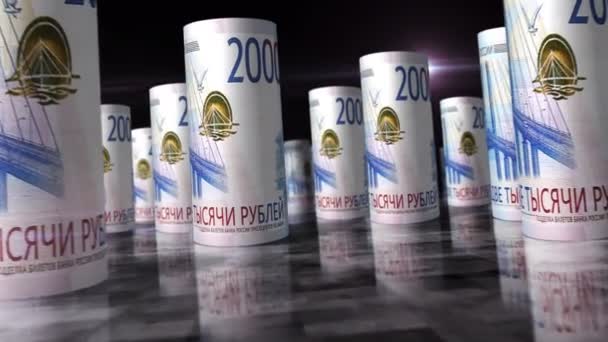 俄罗斯卢布滚动回圈3D动画 钱在桌子上 Rub滚动钞票之间的相机 俄罗斯经济 衰退和债务的无缝隙 易碎的抽象概念 — 图库视频影像