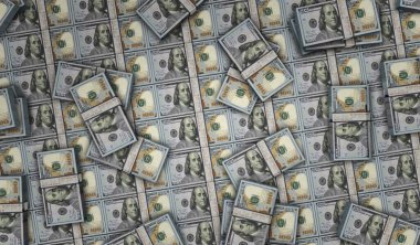 Dolarlık para paketi 3D çizim. 100 dolarlık banknot desteleri. Maliye, nakit, ekonomi krizi, iş başarısı, durgunluk, banka, vergi ve borç kavramı.