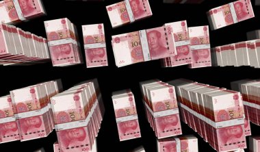 Çin Yuan para paketi 3D resim. 100 Euro 'luk banknot desteleri. Maliye, nakit, ekonomi krizi, iş başarısı, durgunluk, banka, vergi ve borç kavramı.