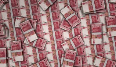 Çin Yuan para paketi 3D resim. 100 Euro 'luk banknot desteleri. Maliye, nakit, ekonomi krizi, iş başarısı, durgunluk, banka, vergi ve borç kavramı.