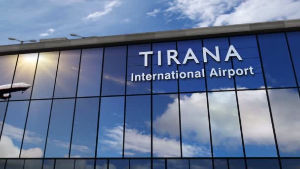 Jet Aircraft Landing Tirana Albania Rendering Animation Arrival City Glass — Stock Video