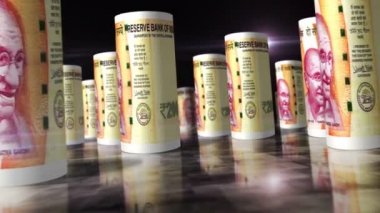 Hint Rupileri 3D döngü animasyonu. Masada para var. INR 'nin bankaları arasındaki kamera kaydı. Hindistan 'da ekonomi, finans, nakit, iş, durgunluk ve borç gibi kusursuz ve döngüsüz soyut kavramlar.