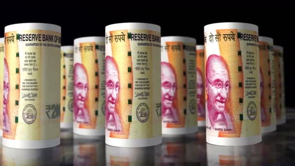 Индийская Рупия Деньги Рулонов Петля Анимации Камера Движется Перед Банкнотами — стоковое видео
