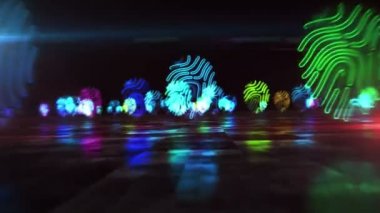 Parmak izi tanımlama teknolojisi sembolü, özel veri toplama, dijital ayak izi, erişim, siber kimlik ikonu konsepti. Neon işaretleri arasında uçmak. Gelecekçi soyut 3D canlandırma canlandırması.