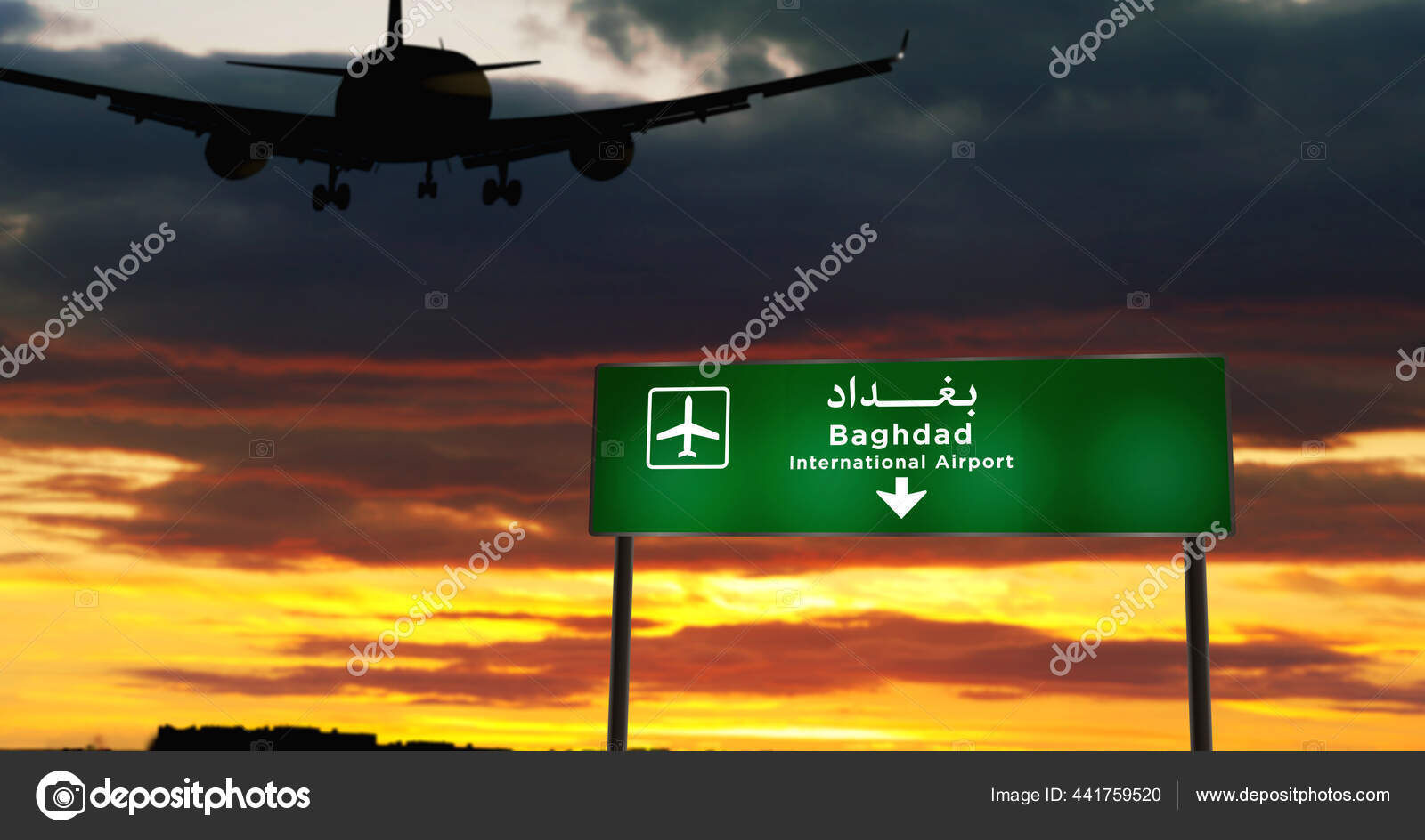 イラクのバグダッドに飛行機のシルエット着陸 空港の方向看板と背景に夕日と街の到着 旅と交通のコンセプト3dイラスト ストック写真 C Skorzewiak イラクのバグダッドに飛行機のシルエット着陸 空港の方向看板と背景に夕日と街の到着 旅と交通のコンセプト3dイラスト ストック写真 C Skorzewiak