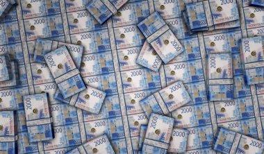 Rus Rublesi para paketi 3D resim. Maliye, nakit, ekonomi krizi, iş başarısı, durgunluk, banka, vergi ve Rusya 'da borç kavramı. 2000 rub banknot destesi. 